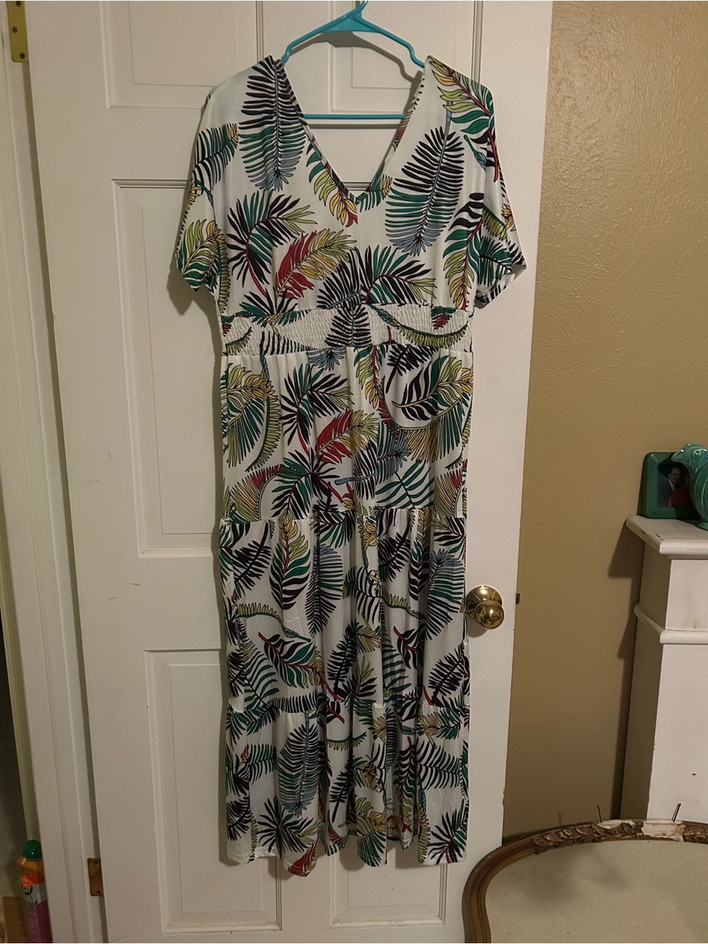 White Maxi Dress with Tropical Leaf Print